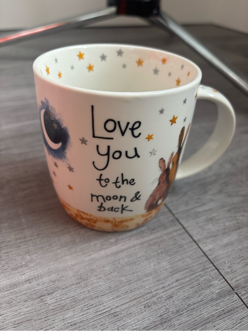 Love You to the Moon & Back Ceramic Mug - White with Gold and Gray Stars
